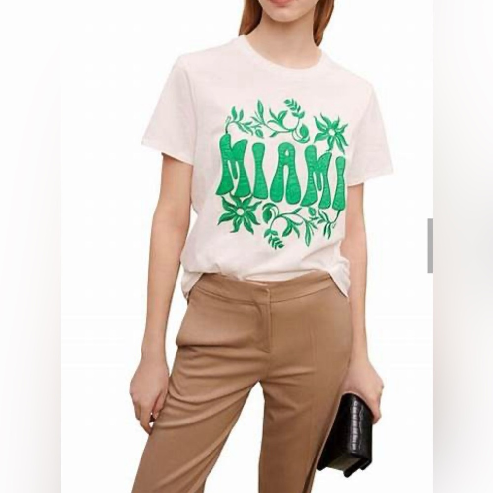 Maje MIAMI White Graphic Tee with Green Print SIZE 1 (small)